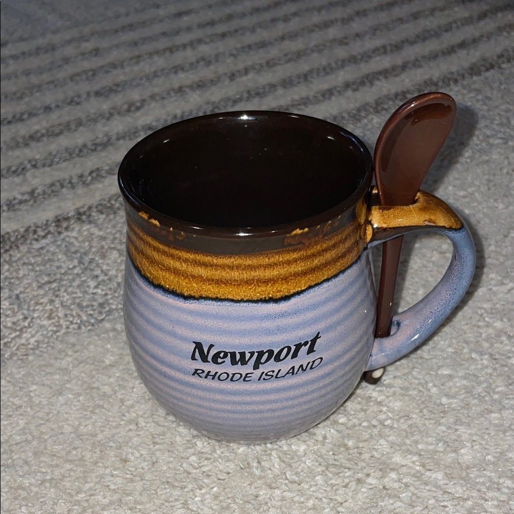 Newport Rhode Island Blue and Brown Ceramic Mug with Spoon
